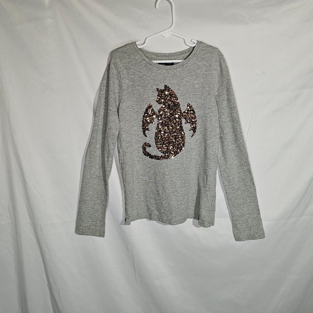 Gap Kids Bat Cat Sequin Graphic Long Sleeve Top Heather Grey Girls Size XL 12